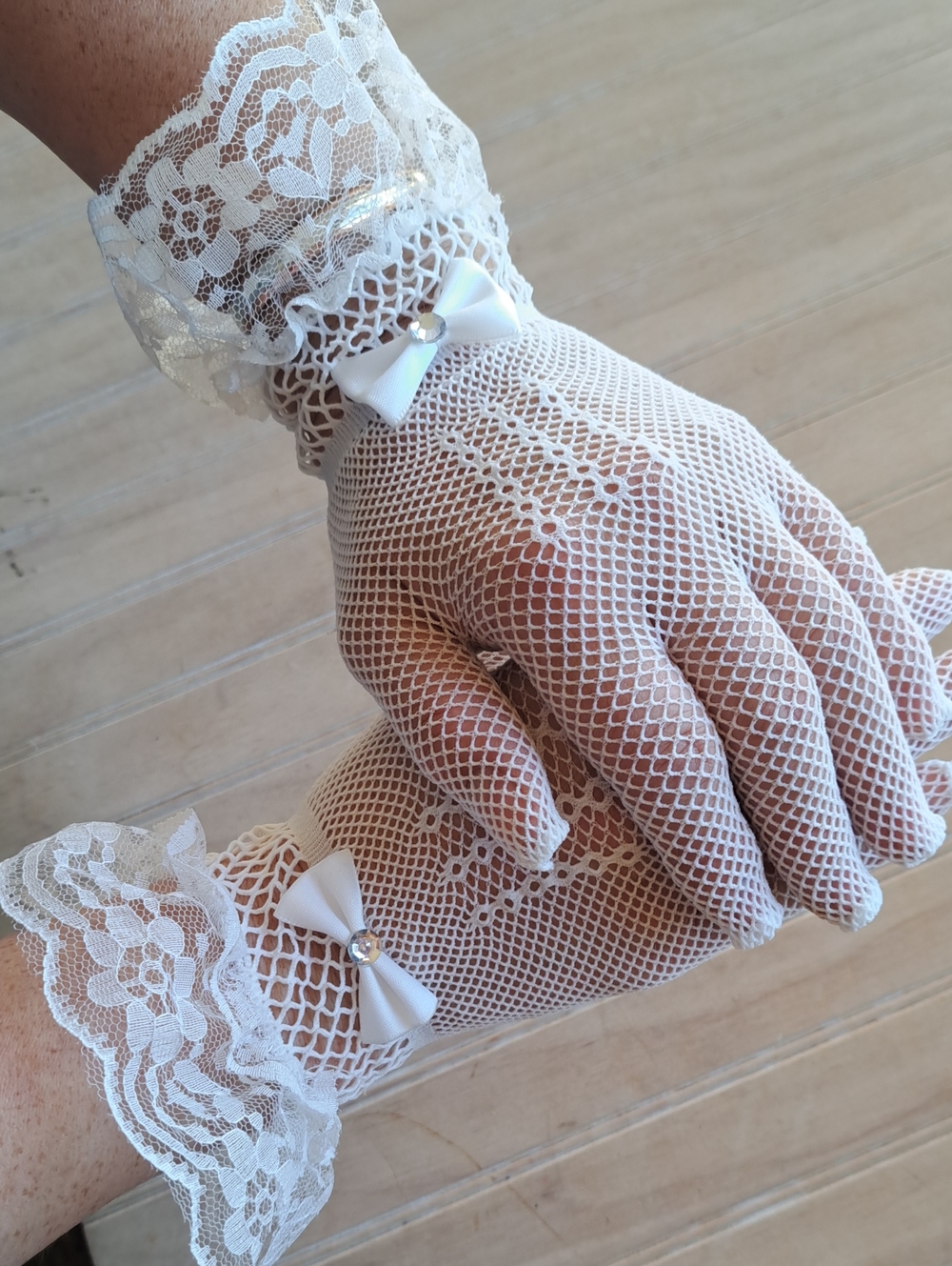 White Lace Fishnet Ruffle Gloves Satin Bow Rhinestone Bridal Coquette